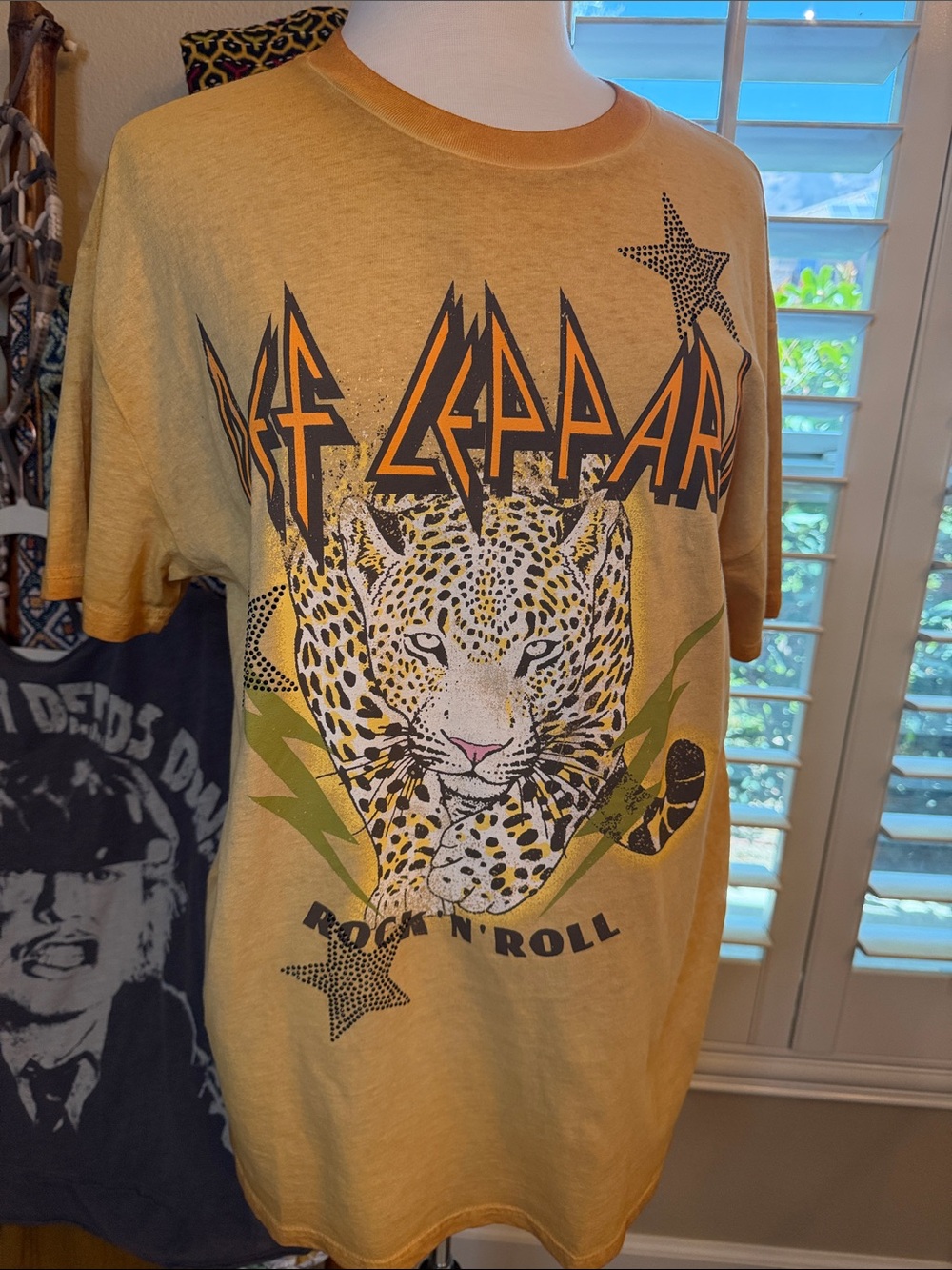 Def Leppard Graphic Cotton Tee - Yellow with Leopard Print and black studs